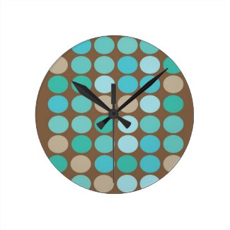 Aqua Blue Teal & Brown Dots Modern Pattern Wall Clocks