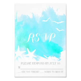 Aqua blue watercolor splash, starfish wedding RSVP Personalized Announcements
