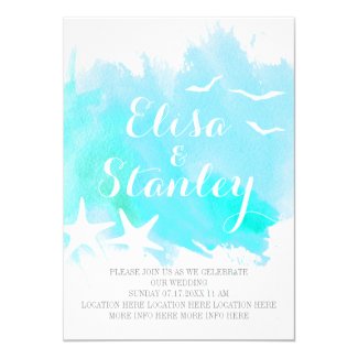 Aqua blue watercolor, starfish beach wedding invite
