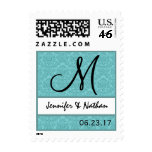 Aqua Blue Wedding Damask Monogram Stamp
