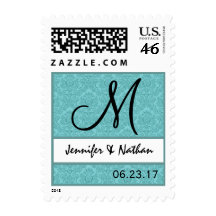 Aqua Blue Wedding Damask Monogram Stamp