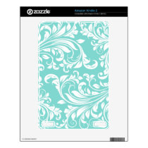 Aqua Blue & White Damask Skins For The Kindle 2