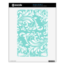 Aqua Blue & White Damask Skins For The Kindle 2