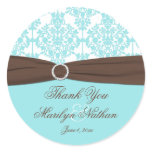 Aqua Blue, White Damask Wedding Favor Sticker