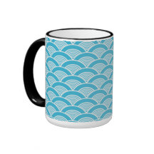 Aqua Blue White Japanese Wave Pattern Coffee Mugs
