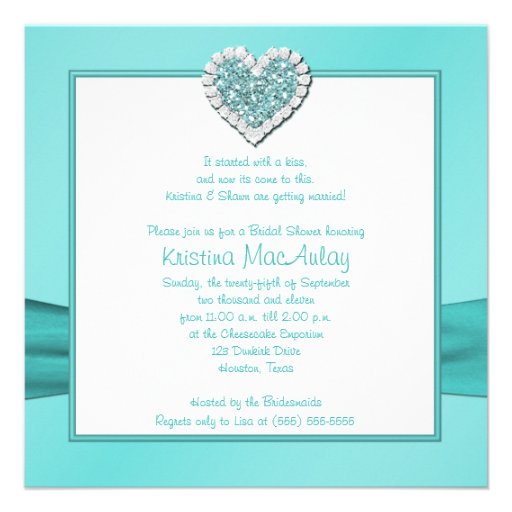 Aqua Blue, White Jewel Heart Bridal Shower Invite