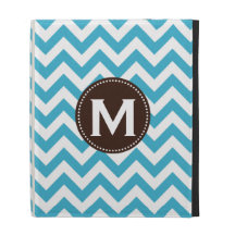 Aqua Blue White Monogram Chevron Pattern iPad Folio Cases