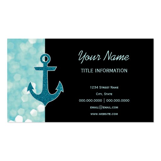 Aqua Bokeh Nautical Glitter Anchor Business Cards (front side)