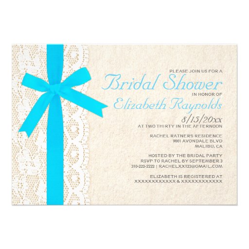 Aqua Bow & Lace Bridal Shower Invitations