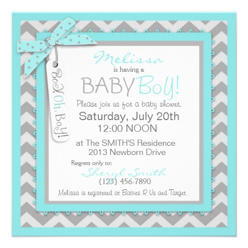 Aqua Bow Tie & Chevron Print Baby Shower Announcements