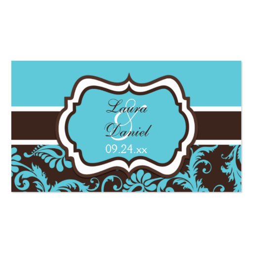 Aqua, Brown, and White Damask Wedding Favor Tag Business Card Templates (front side)