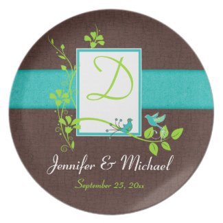 Aqua Brown Birds Wedding Keepsake Melamine Plate plate