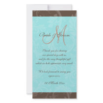 Aqua brown wedding "thank you" monogram custom photo card