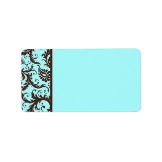 Aqua, Brown, White Damask Address Label label