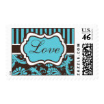 Aqua, Brown, White Damask  "Love" Wedding Postage
