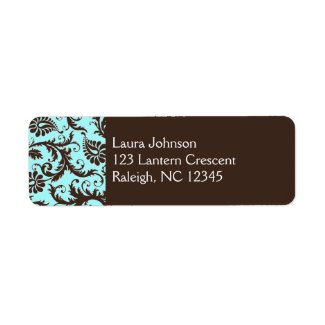 Aqua, Brown, White Damask Return Address Label label