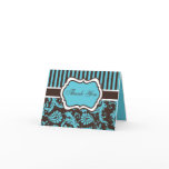 Aqua, Brown, White Damask Thank You Note Card