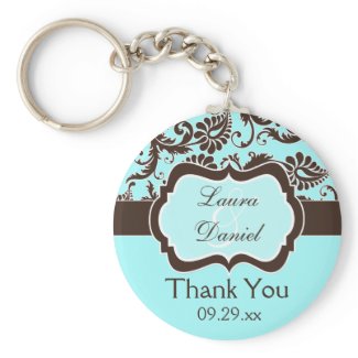 Aqua, Brown, White Damask Wedding Favor Keychain keychain