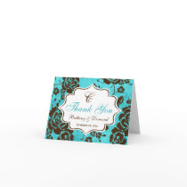 Aqua Brown White Floral Damask Thank You Card