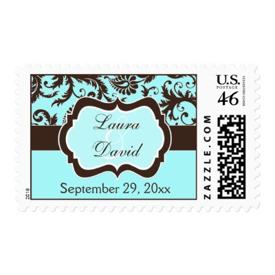 Aqua, Brown, White Floral Damask Wedding Stamp