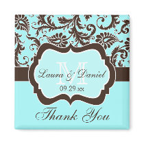 Aqua, Brown, White Floral Wedding Favor Magnet