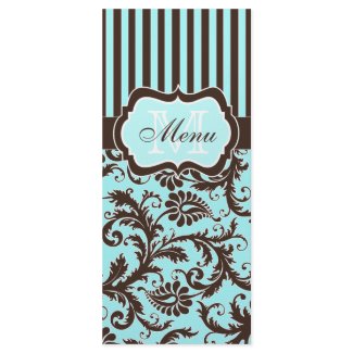 Aqua, Brown, White Striped Damask Menu Card rackcard