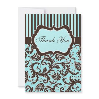 Aqua, Brown, White Striped Damask Thank You Card invitation
