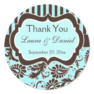 Aqua, Brown, White Striped Damask Wedding Favor sticker