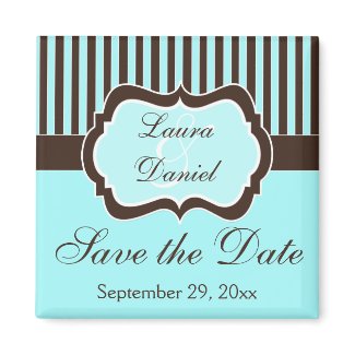 Aqua, Brown, White Striped Save the Date Magnet magnet