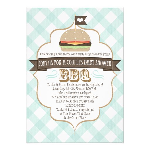 Aqua Burger Couples BBQ Baby Shower Invitations (front side)