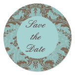 Aqua Chocolate Damask Save the Date Sticker