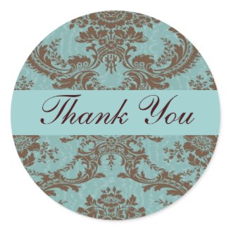 Aqua Chocolate Damask Thank You Sticker