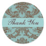Aqua Chocolate Damask Thank You Sticker