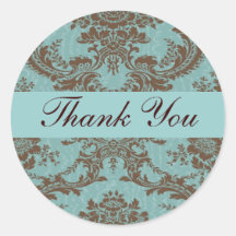 Aqua Chocolate Damask Thank You Sticker