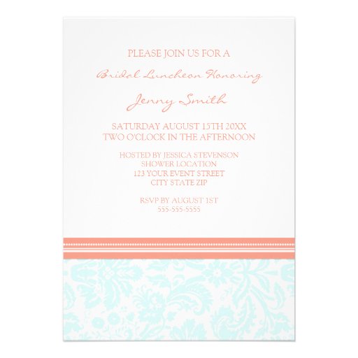 Aqua Coral Damask Bridal Lunch Invitation