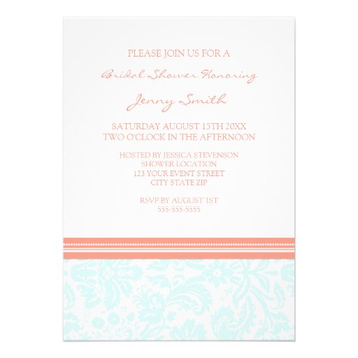 Aqua Coral Damask Bridal Shower Invitation