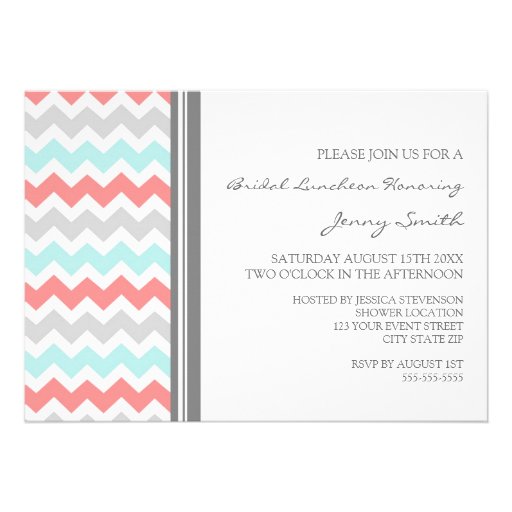 Aqua Coral Gray Chevron Bridal Lunch Invitation