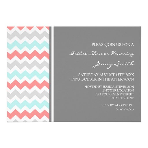 Aqua Coral Gray Chevron Bridal Shower Invitation