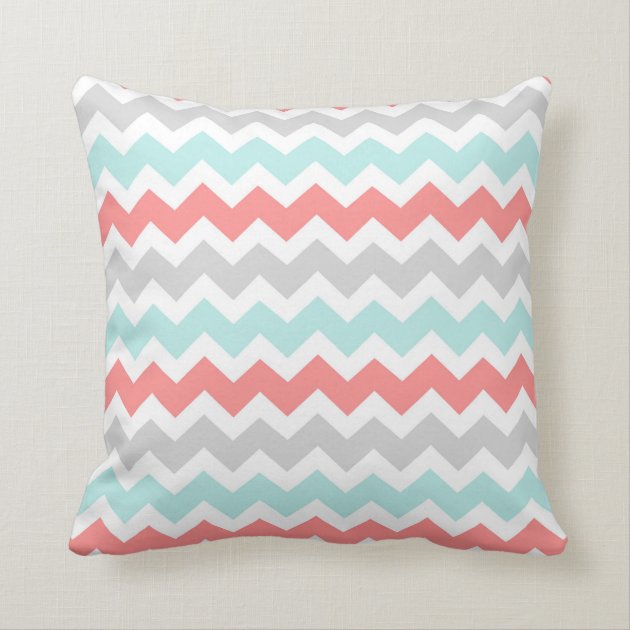 Aqua Coral Grey Chevron Monogram Decorative Pillow