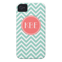 Aqua & Coral Modern Chevron Custom Monogram iPhone 4 Case-Mate Cases