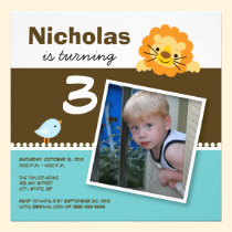 Aqua Custom Lion & Birdie Birthday Party Invite invitations