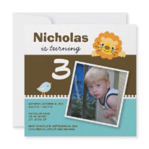 Aqua Custom Lion & Birdie Birthday Party Invite invitations