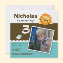 Aqua Custom Lion & Birdie Birthday Party Invite invitations