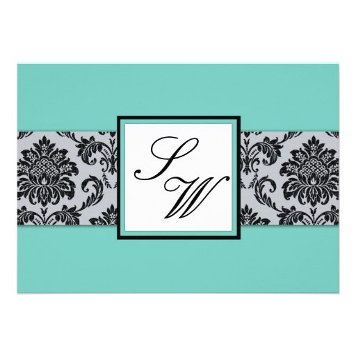 Aqua Damask Monogram Wedding Invitation