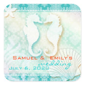Aqua Damask Sea Horse Summer Wedding Save the Date Square Stickers