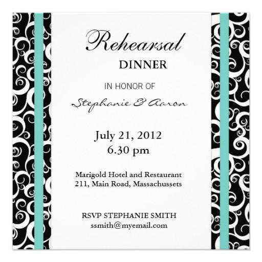 Aqua Damask Swirl Rehearsal Dinner Invitation