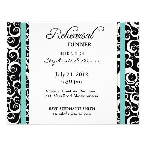 Aqua Damask Swirl Rehearsal Dinner Invitation