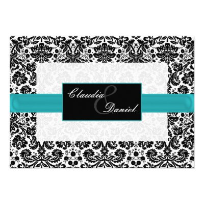 aqua  damask wedding invitation