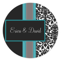 aqua damask Wedding Monogram stickers
