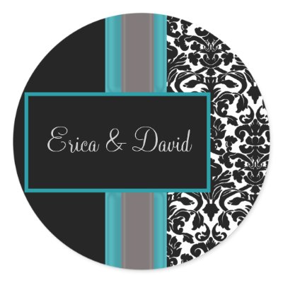aqua damask Wedding Monogram stickers